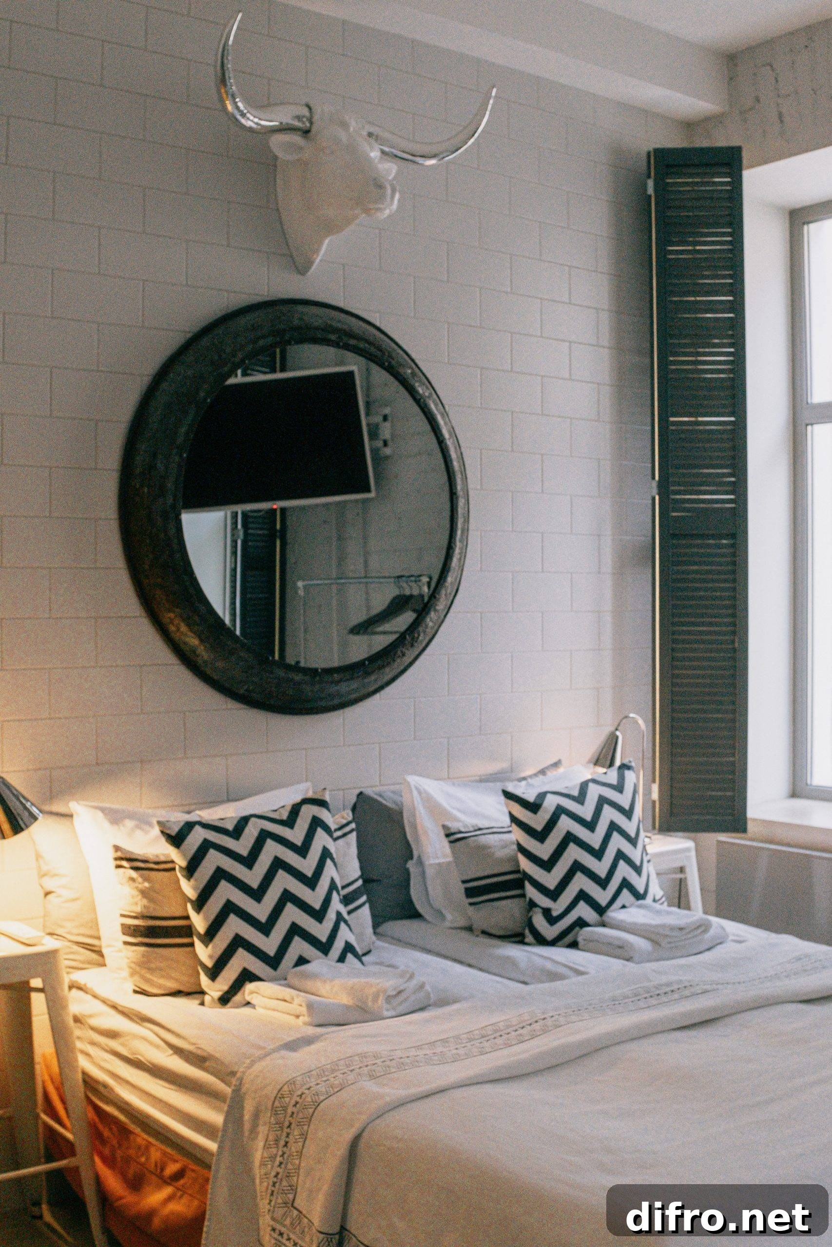 Large round mirror and decorative bull head above bed