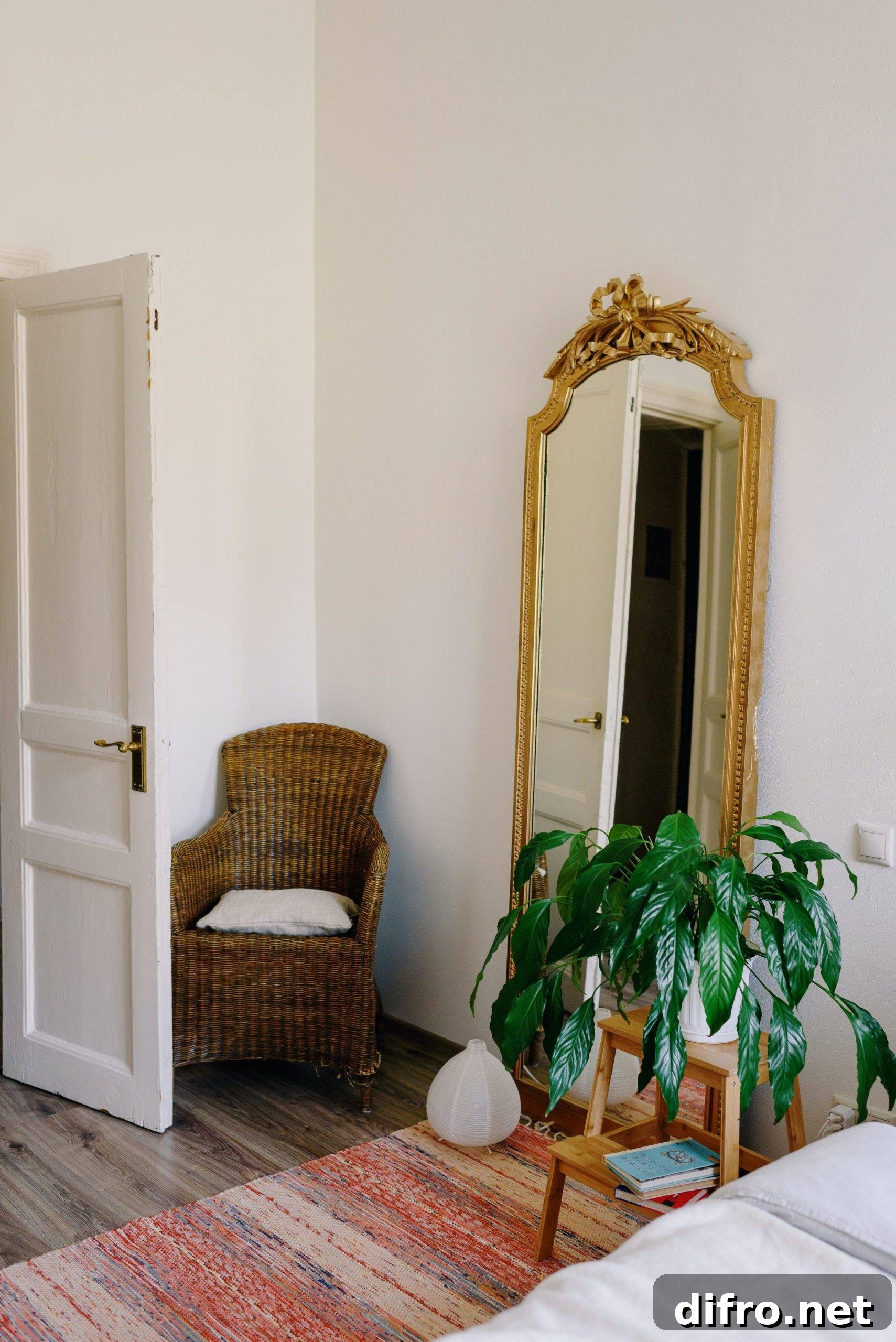 Chair and large gold mirror in bedroom