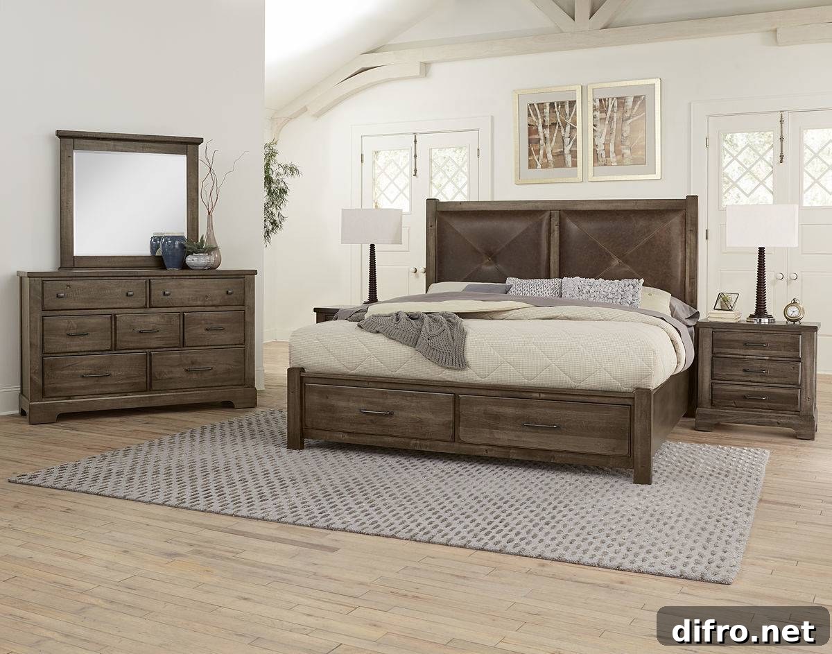 Queen rustic bed with upholstered headboard