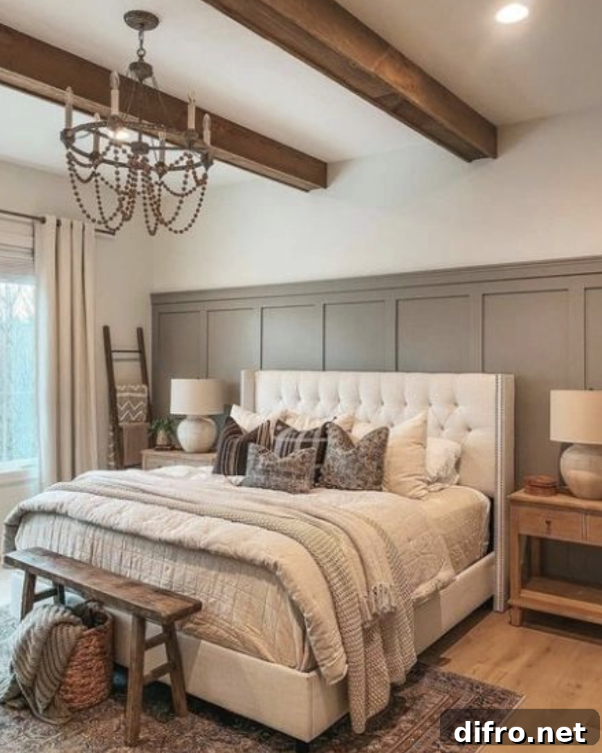 Tufted white bed against sage green board-and-batten wall
