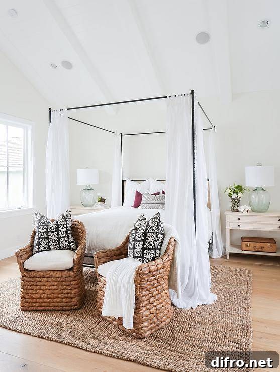 Poster bed with flowing linens and jute rug