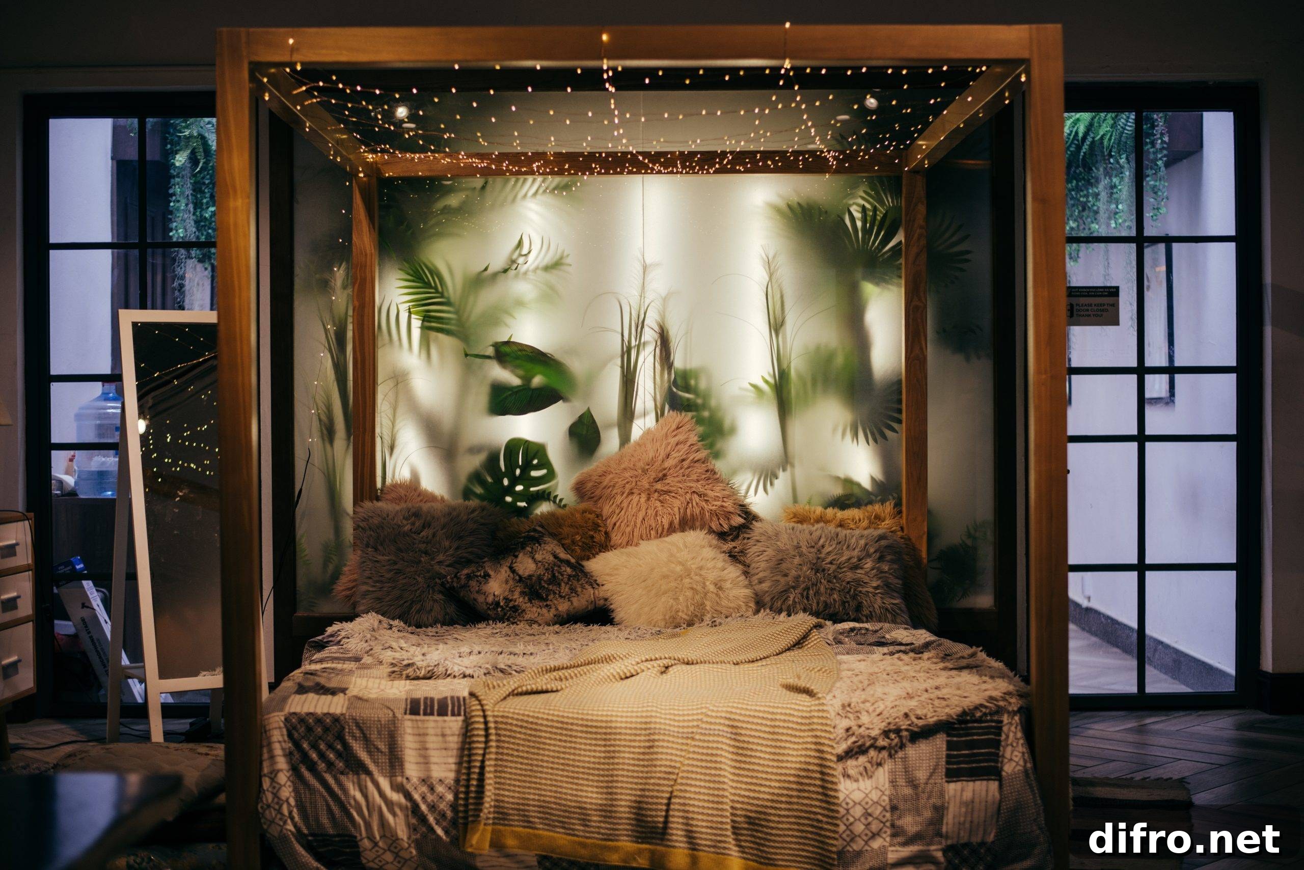 Bed frame with hanging string lights