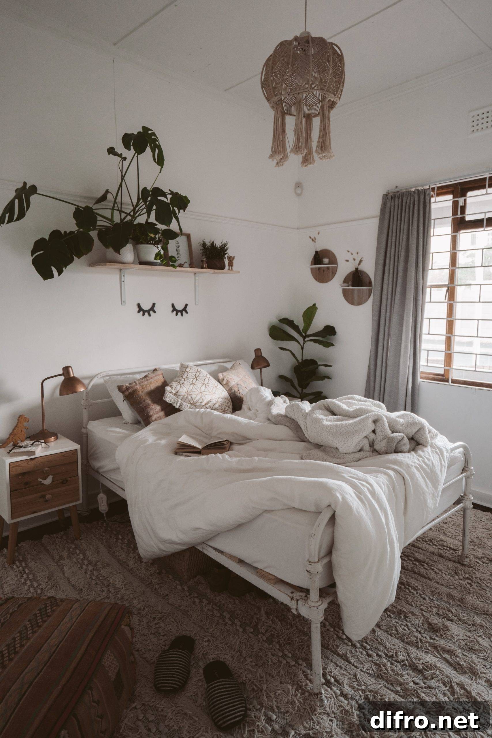 Plants above a casually made bed