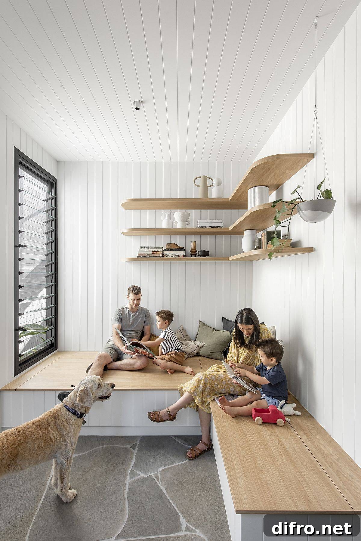 Custom wooden bench with storage and floating shelves