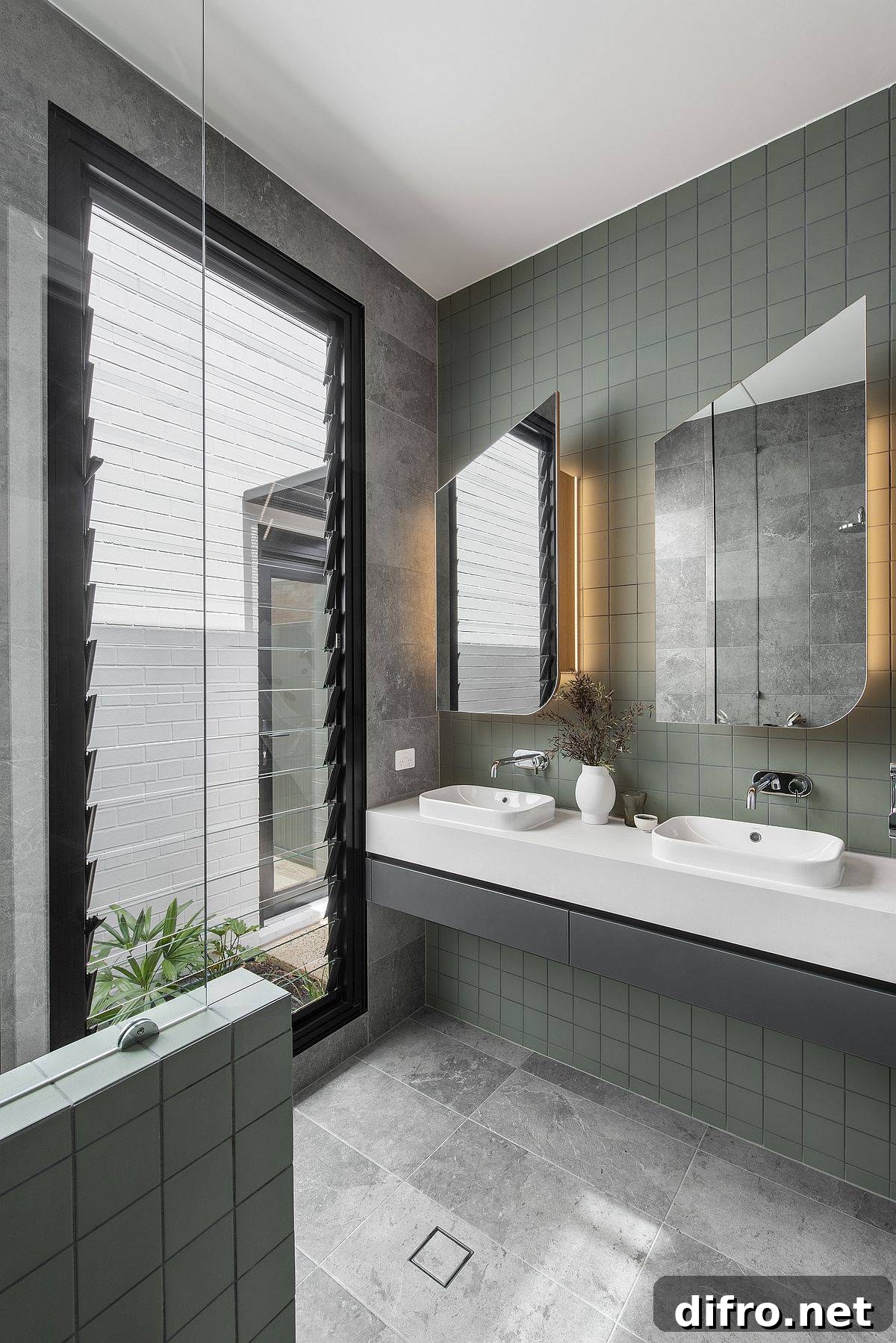 Bathroom with green tiles and natural light