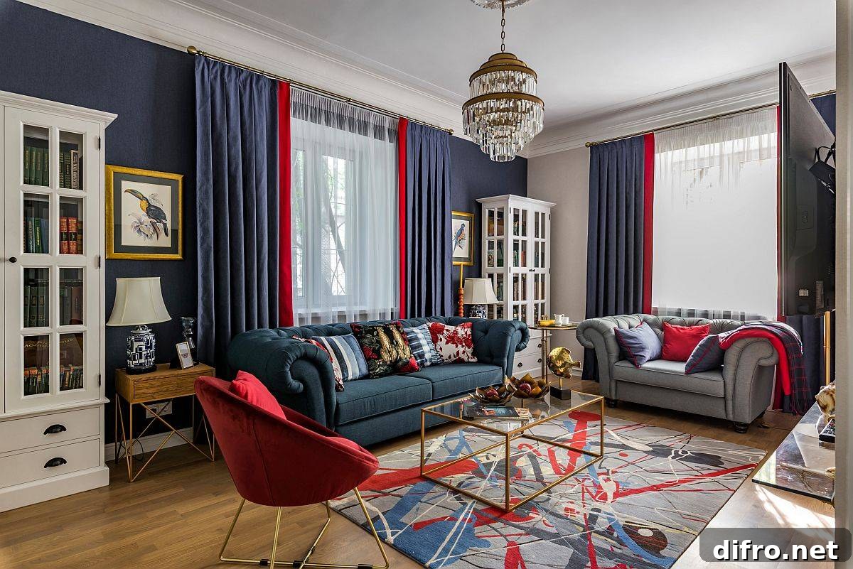 Brilliant splashes of blue combined with red accents in the contemporary living room