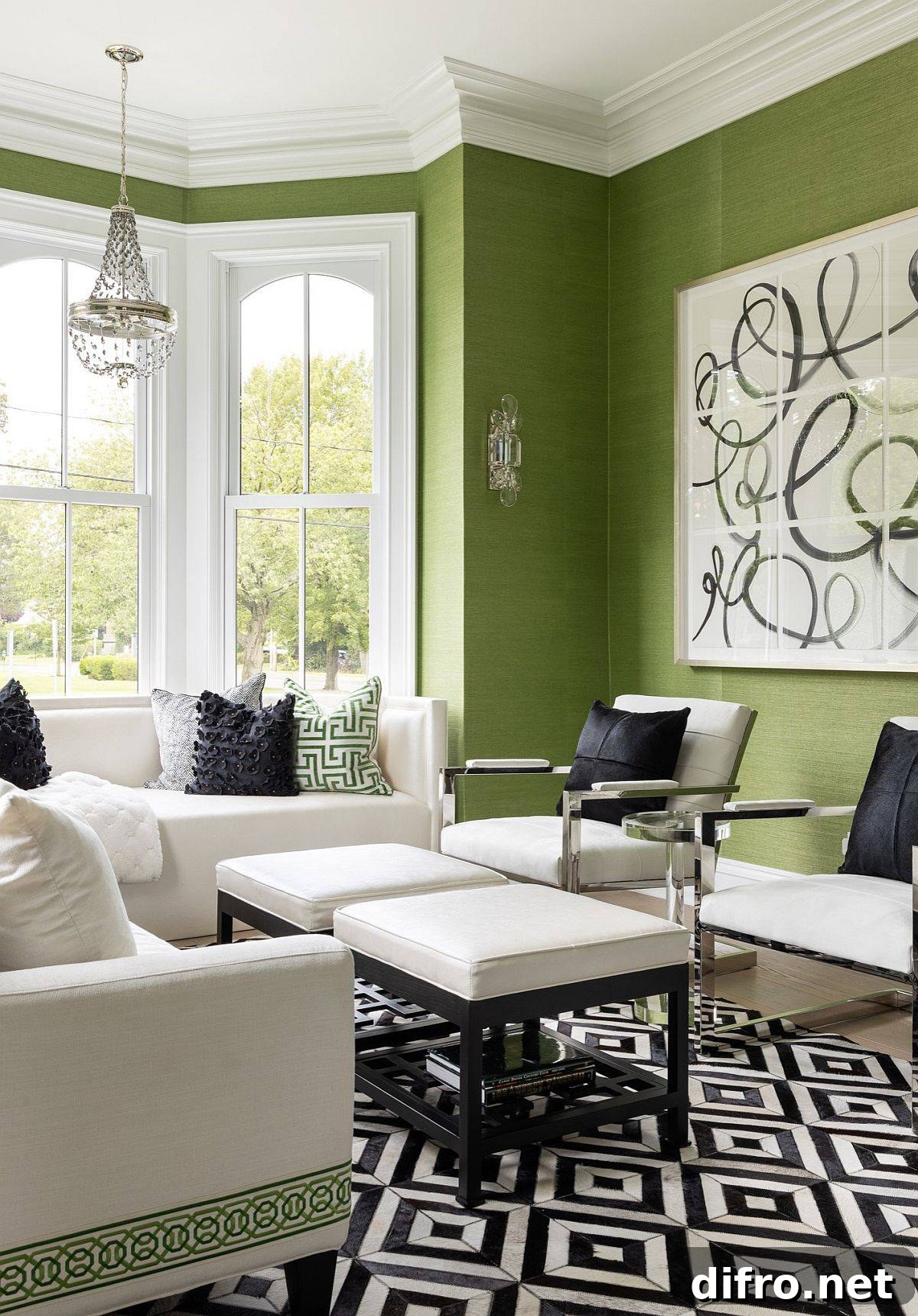 Grasscloth wallcovering in green for the spacious living room with white trims
