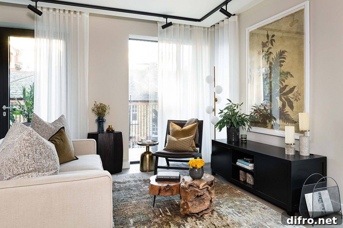 Natural coffee table steals the spotlight in a contemporary beige living room