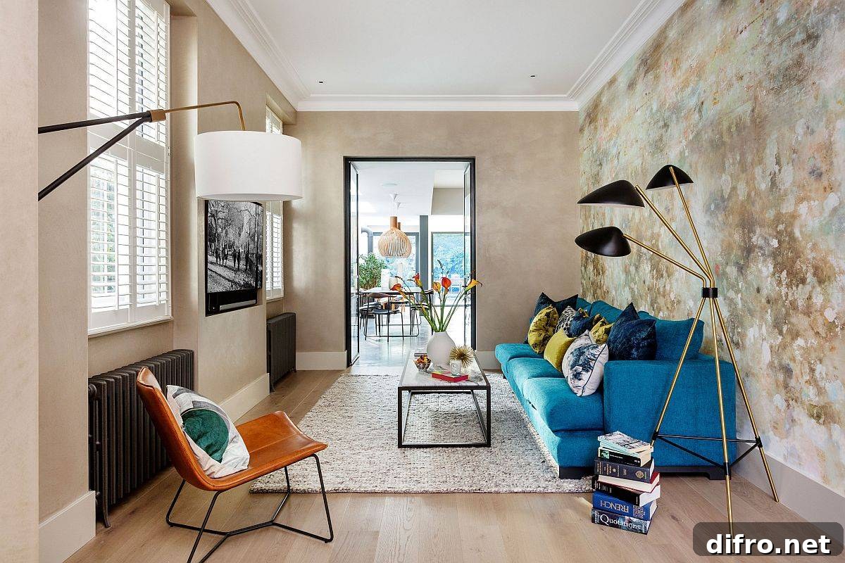 Textured walls explore different shades of beige in a small living room