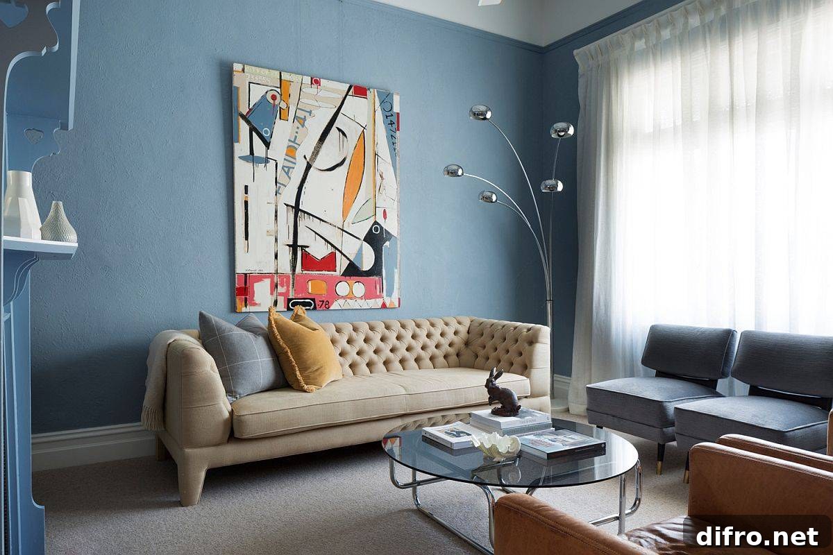 Lighter shades of blue can be used in a more extensive fashion in the modern living room