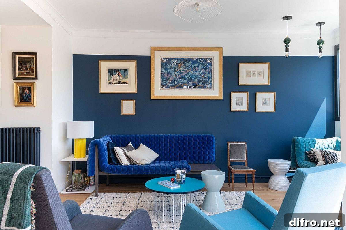 Urbane contemporary living room in white and bright blue