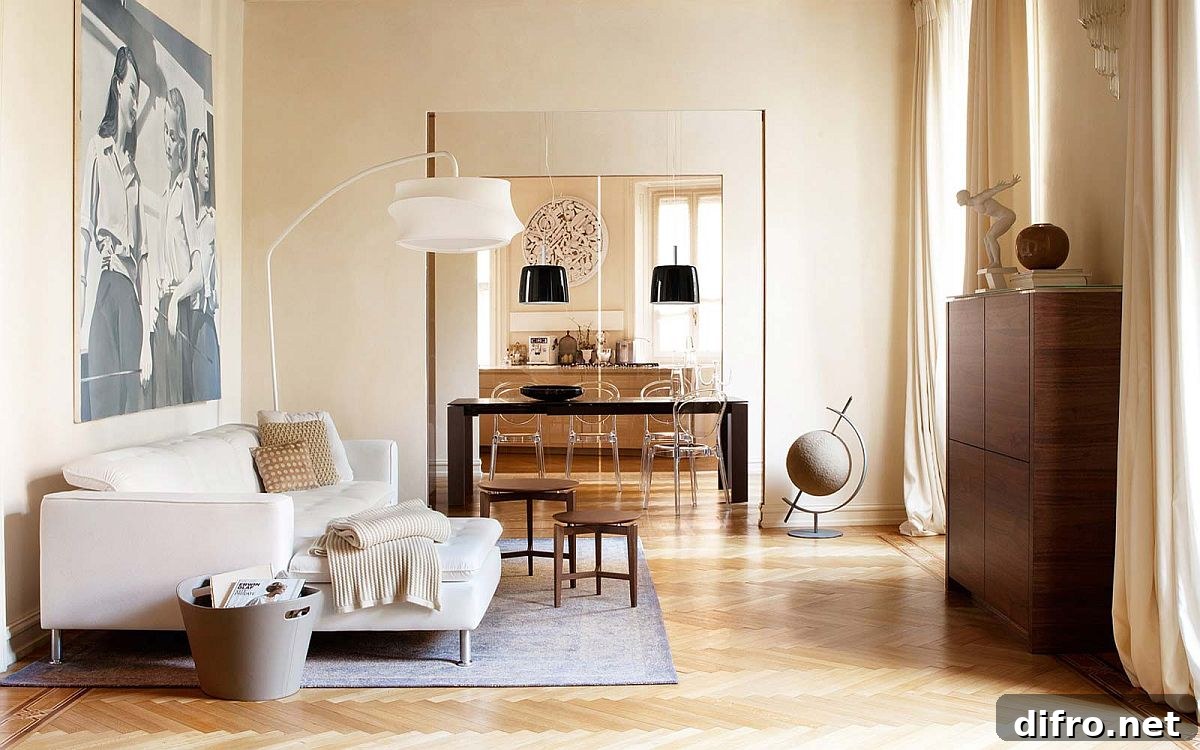 Woodsy floor chevron pattern adds character to the living room in white