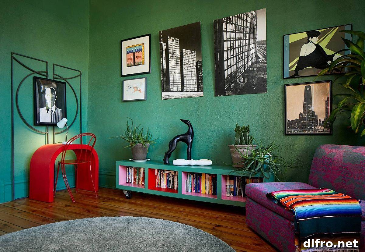 Colorful living room with dark green walls and eclectic decor