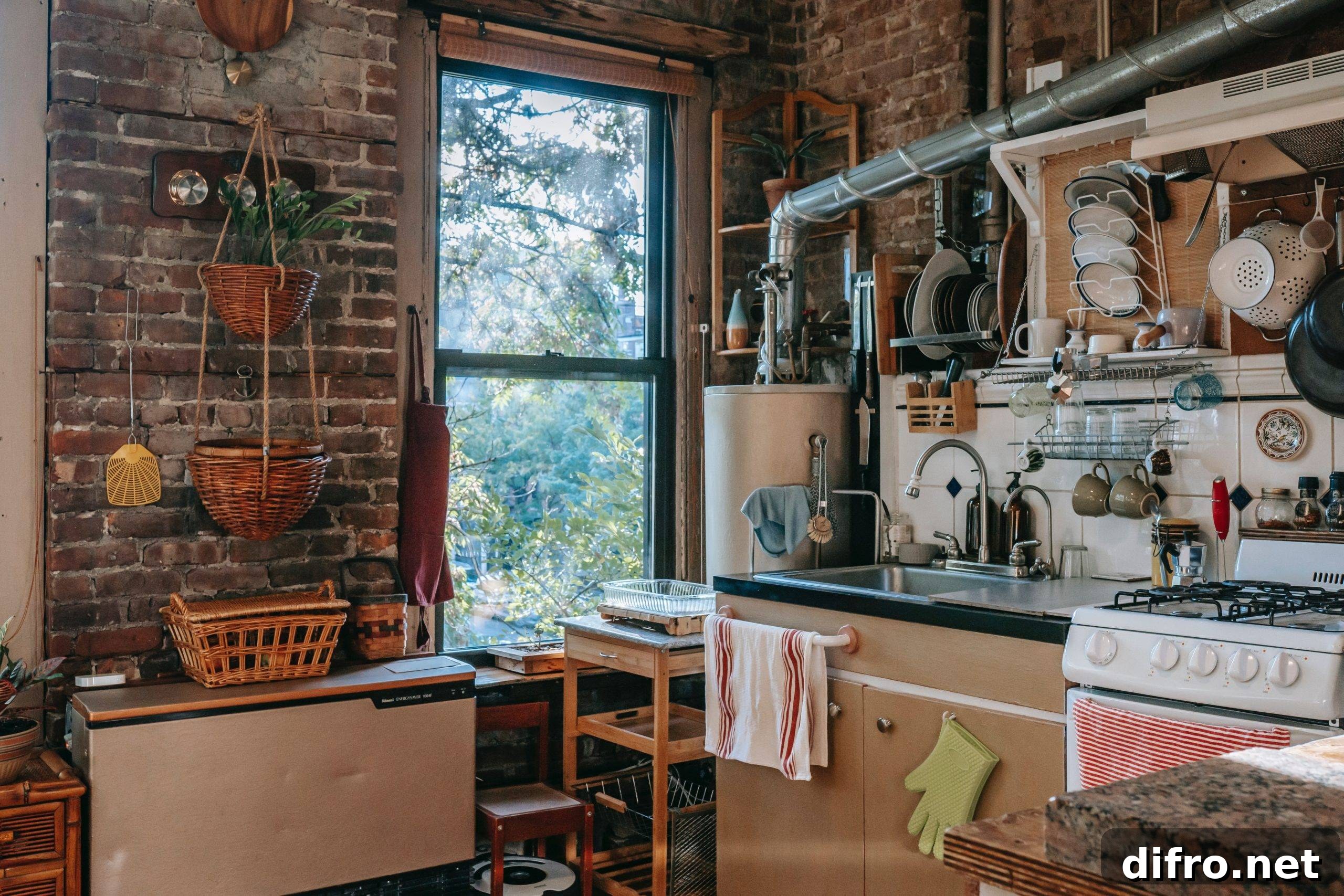 Wicker baskets hanging on kitchen wall