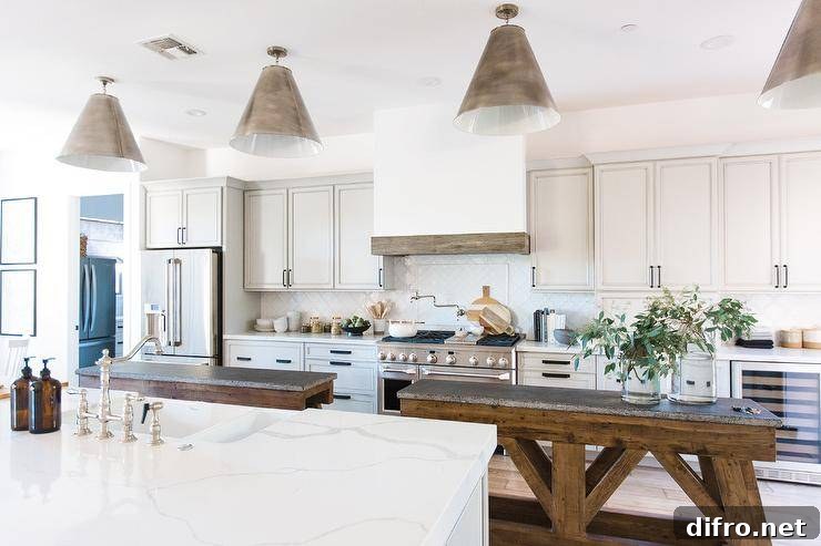 Side-by-side concrete and wood kitchen islands are illuminated by hanging lamps in a cottage kitchen.
