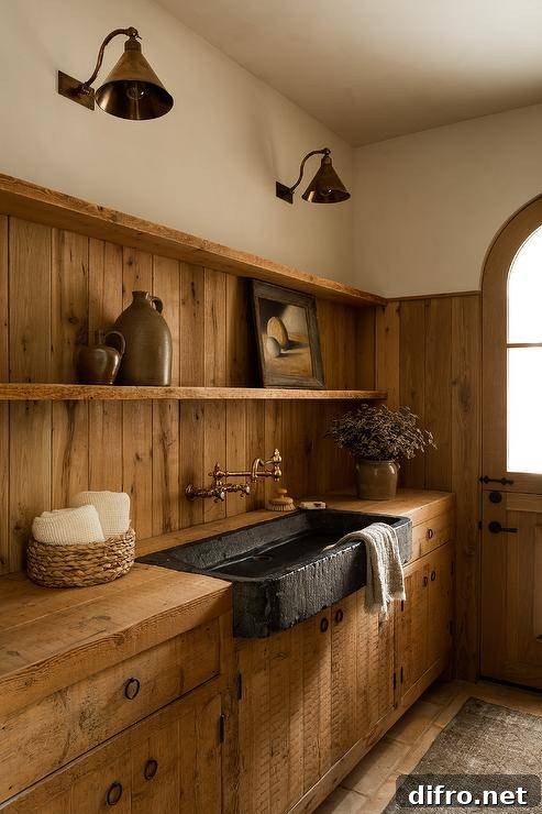 Rustic cottage kitchen with stone sink and brass faucet.