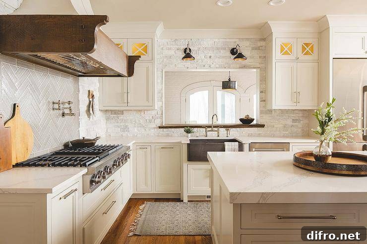 French cottage kitchen with white stone wall tiles and marble-topped island.