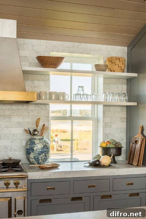 Cottage kitchen with marble offset backsplash tiles and stacked shelves.