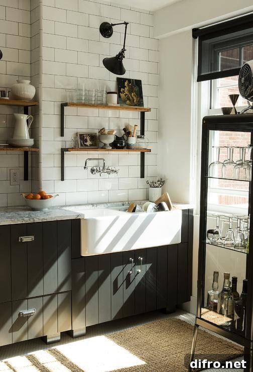 Two-toned black and white kitchen with subway tile backsplash and open shelving.
