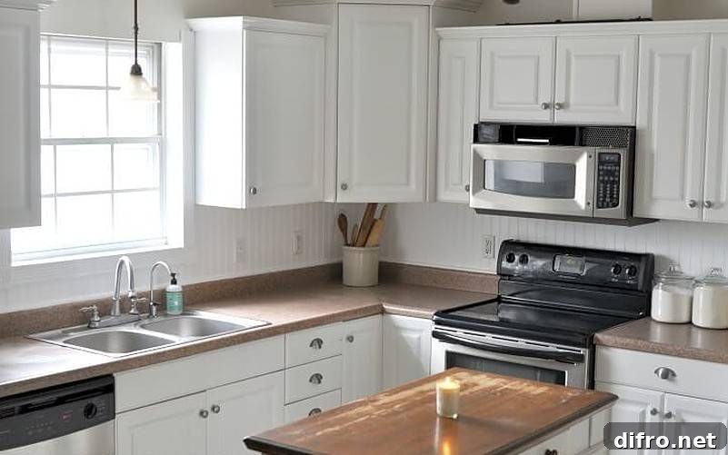 White cabinetry in kitchen with a single candle on the counter.