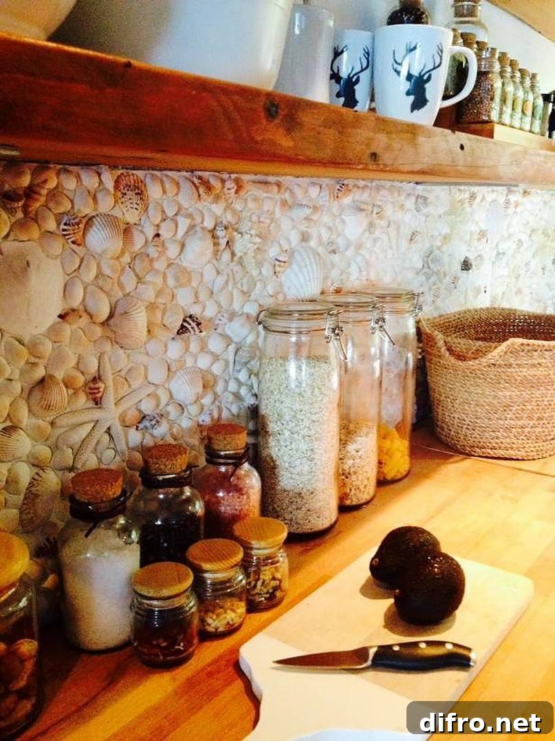 Wall made of shells and spices in jars.