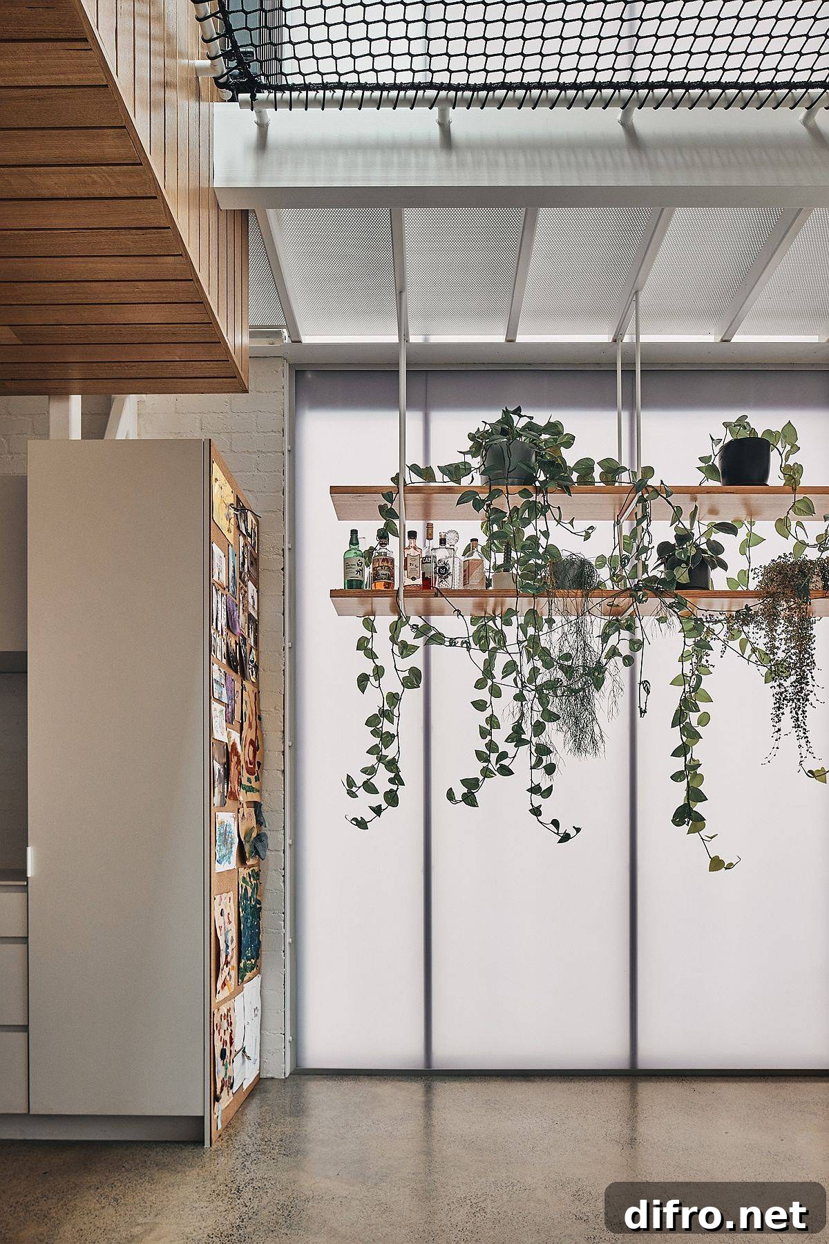 Hanging wooden shelves with greenery inside the living room