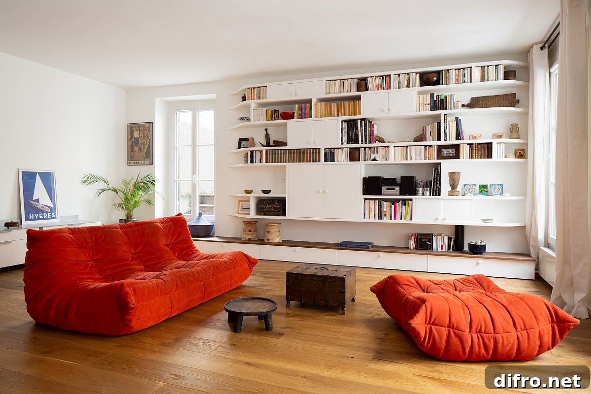 Contemporary slim shelving with sliding doors