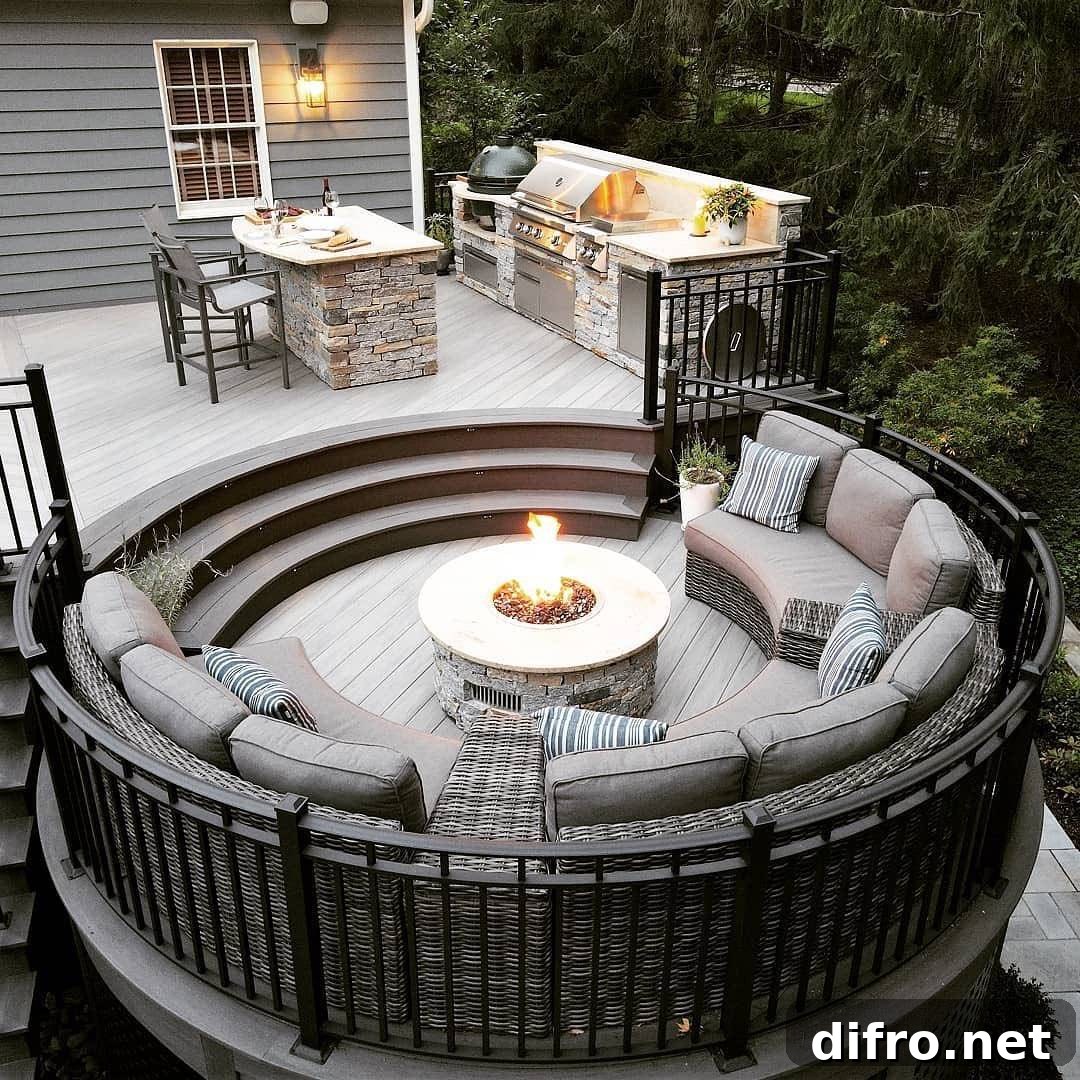 Deck with fire pit, grill and table