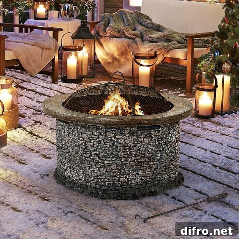 Stone fire pit with sofa bed and blanket