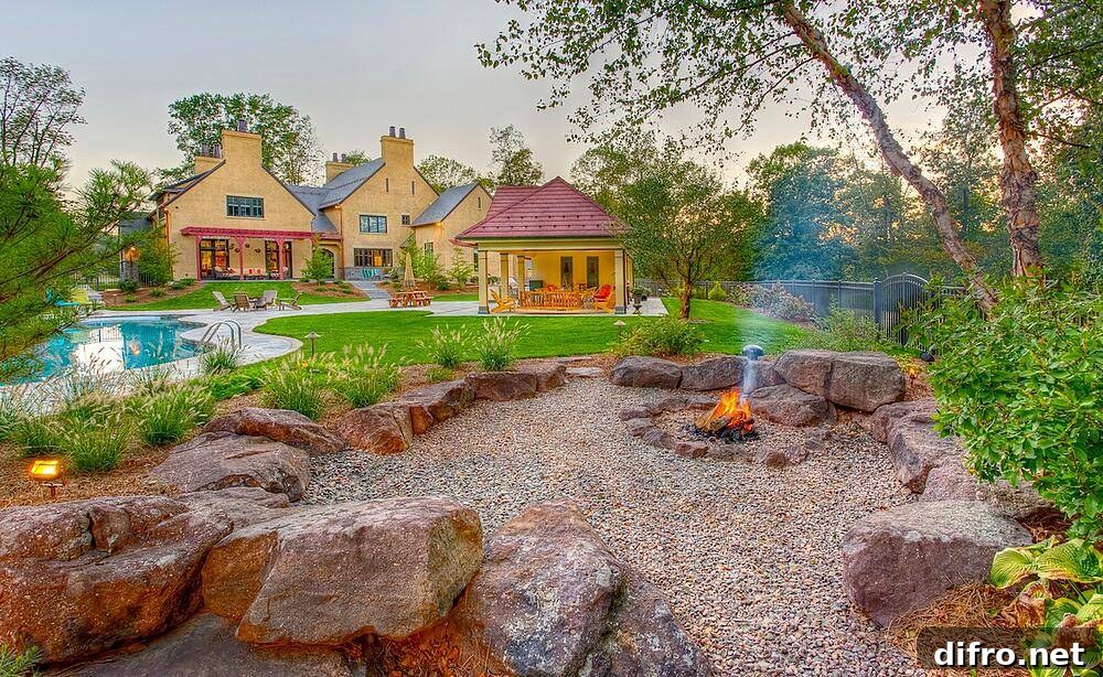 House exterior with pool and fire pit