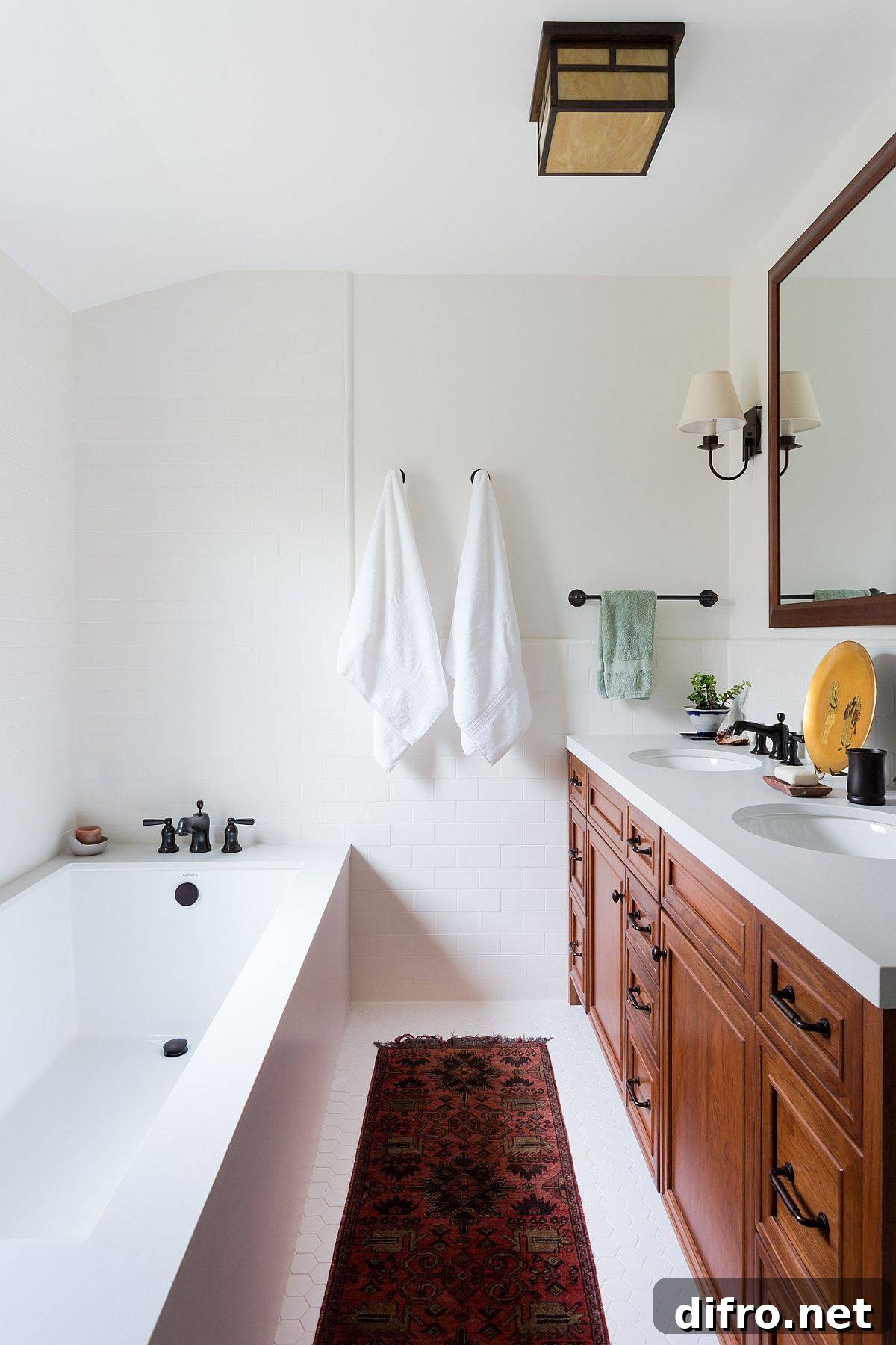 Rug complements wooden vanity in white bathroom