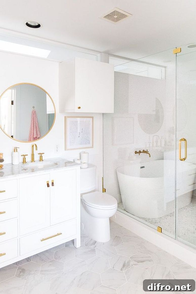 White bathroom with gold handles and fittings