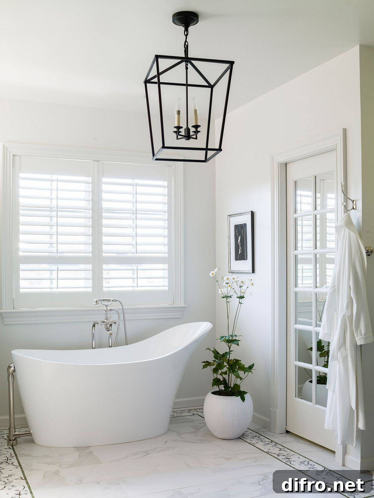 White marble bathroom with plant and lighting fixture