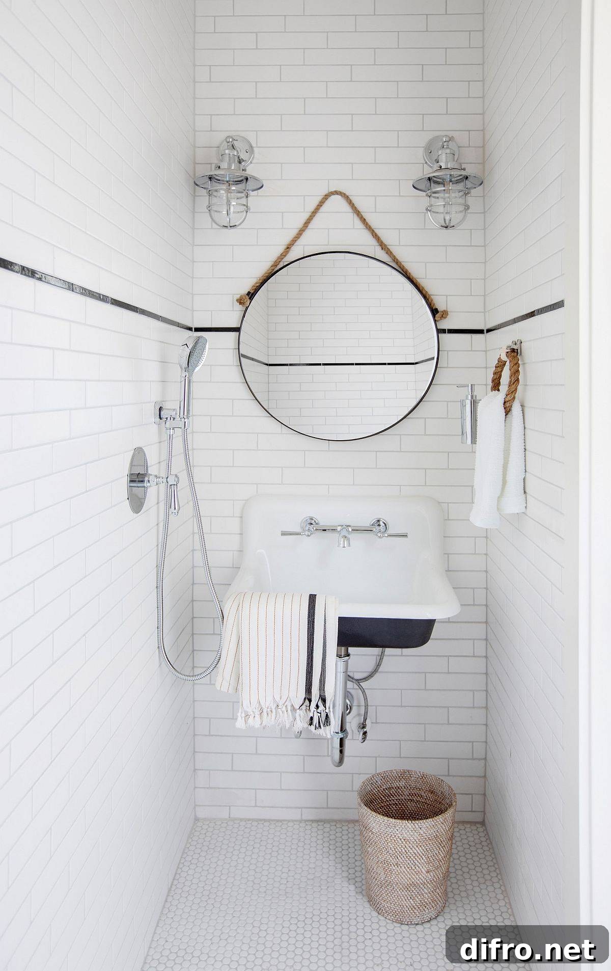 Black used to define features in a white bathroom