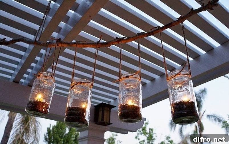 Four mason jars hanging with tea lights hanging from pergola