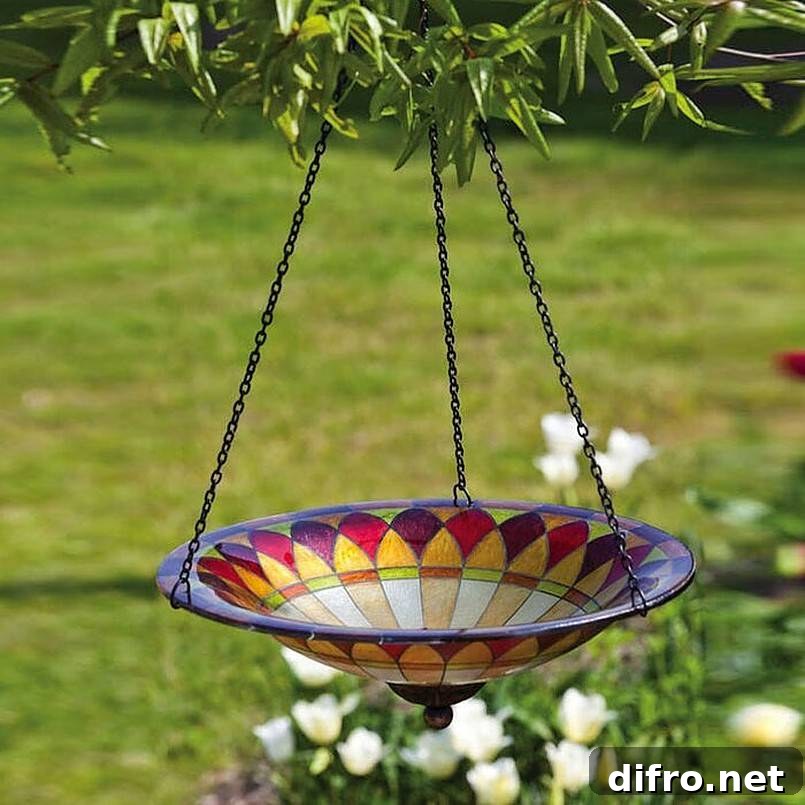 Colorful bird bath hanging from a tree