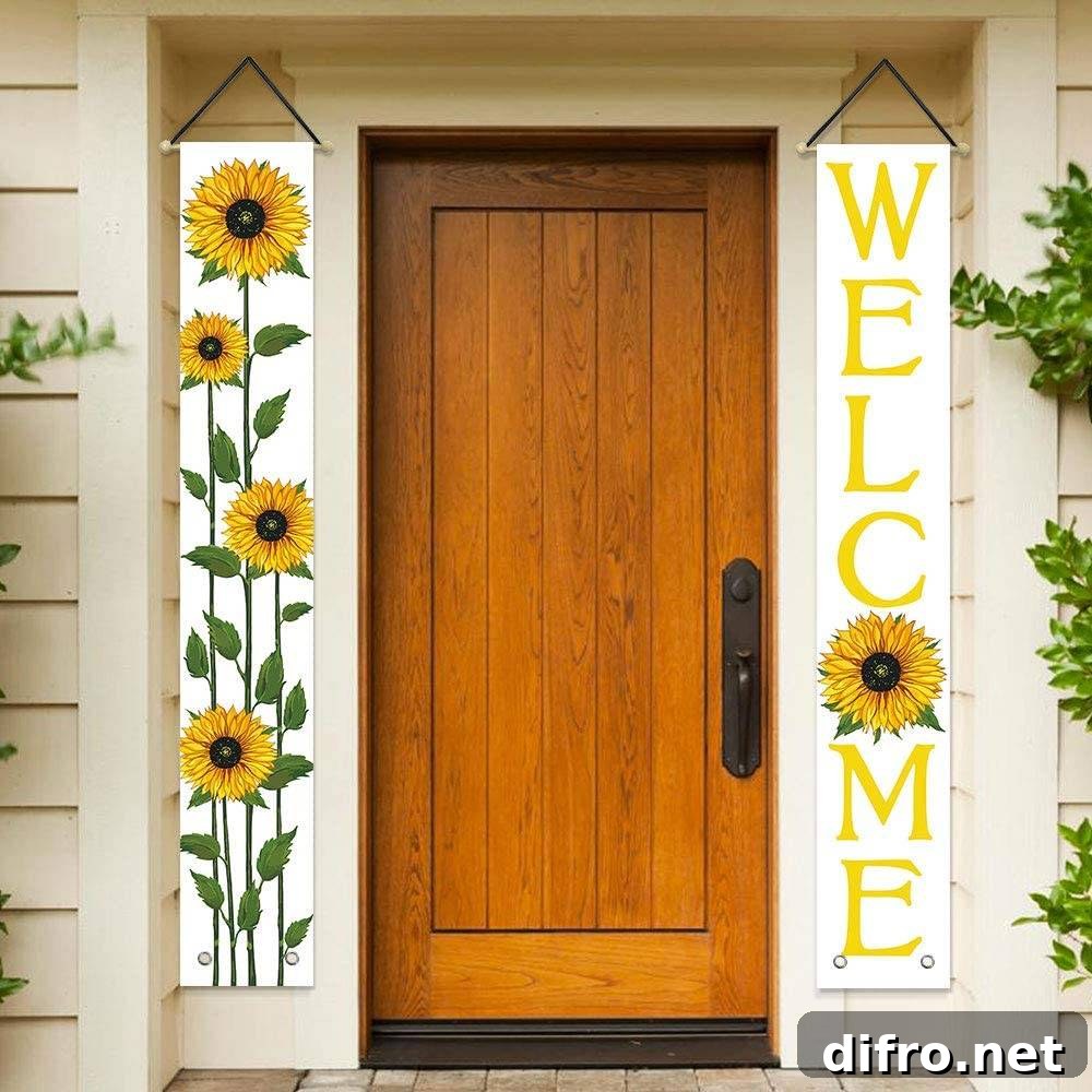 Welcome and sunflower banners on either side of brown door
