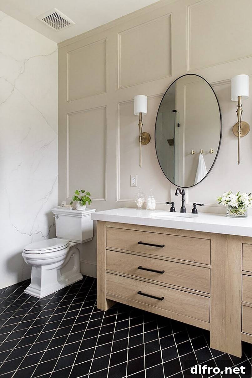 Round bathroom mirror in the middle of wall lamps
