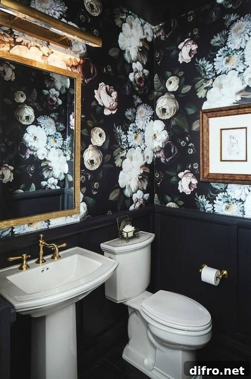 Black bathroom interior with floral wall paper