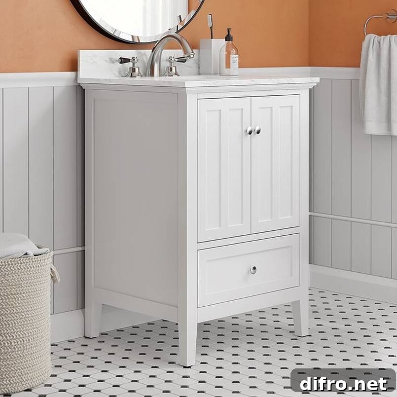 White bathroom vanity set beside hamper