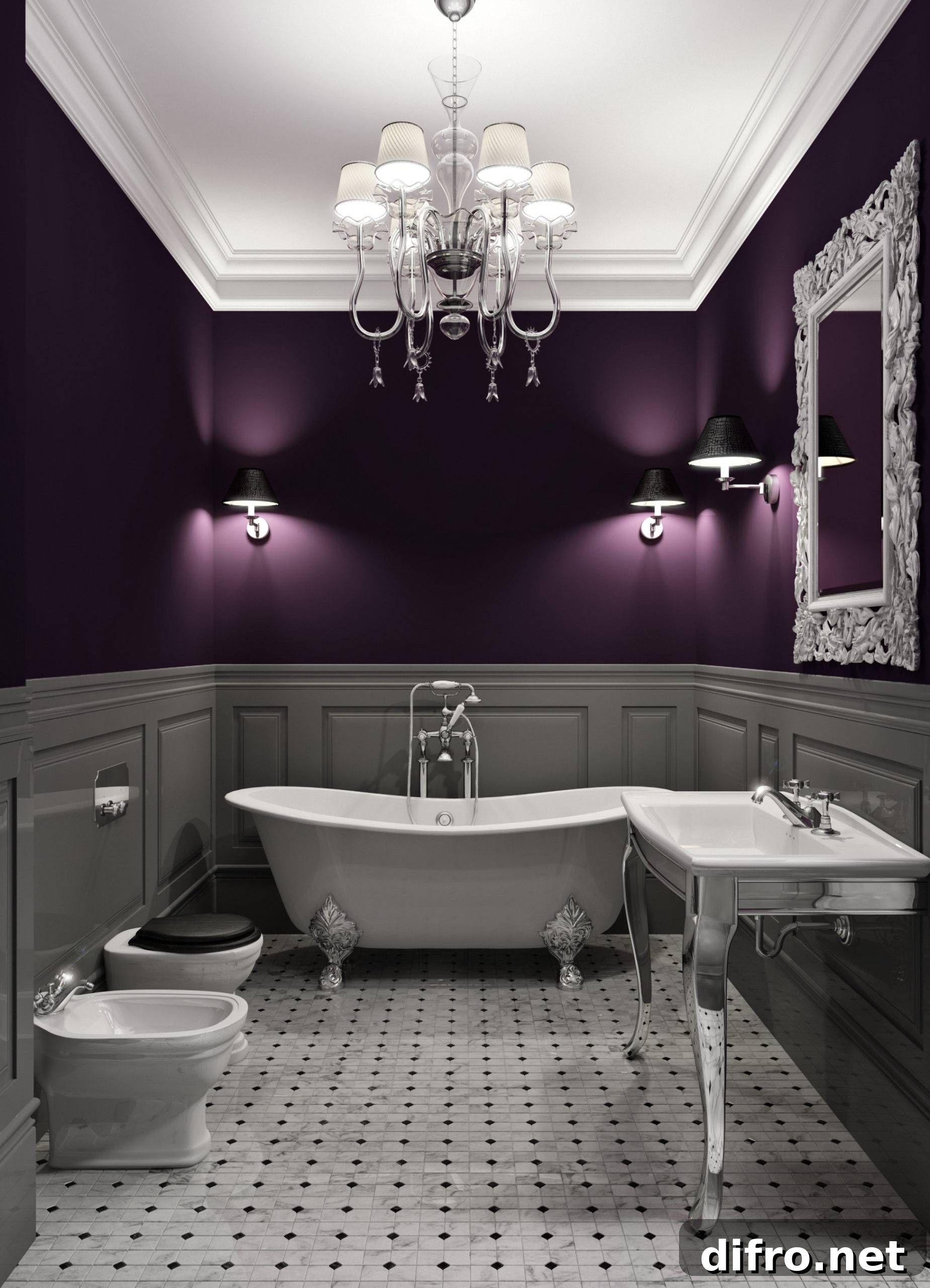 Elegant bathroom with chandelier and purple wall with grey wainscoting
