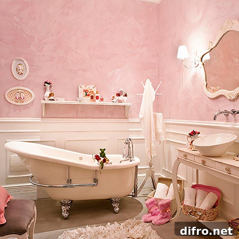 Bathroom with pink walls and white fixtures