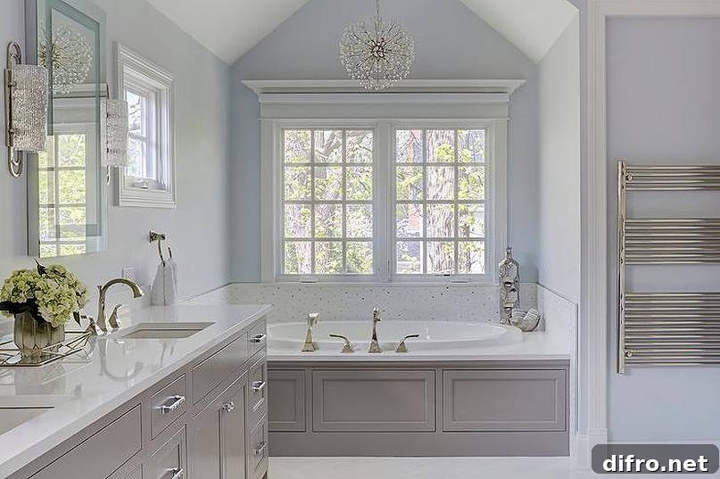 Blue and gray master bath color with round chandelier