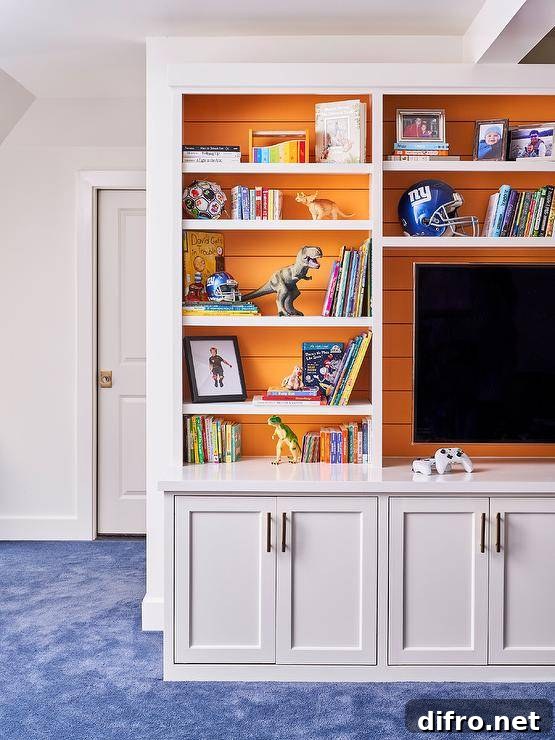 Orange shiplap is on the back of white built in shelves over blue carpet.
