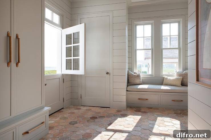 A light gray Dutch door opens to a mudroom boasting terracotta hexagon floor tiles, light gray shiplap walls and a light gray built-in window seat accented with wood and leather pulls and a light gray cushion.
