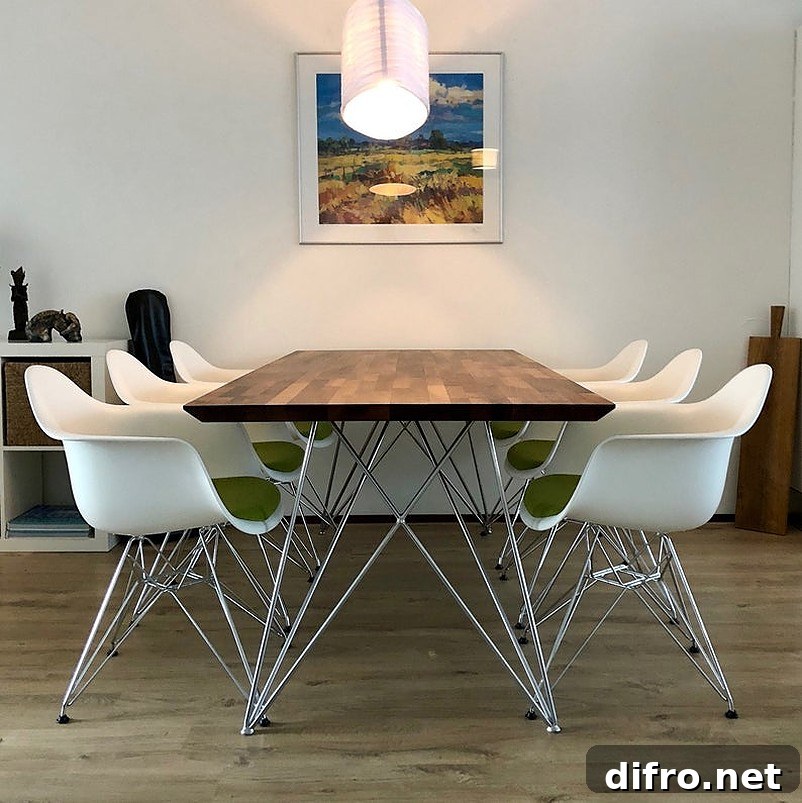 Table with six white chairs