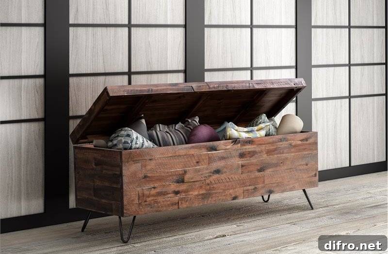 Assorted cushions inside wood storage bench