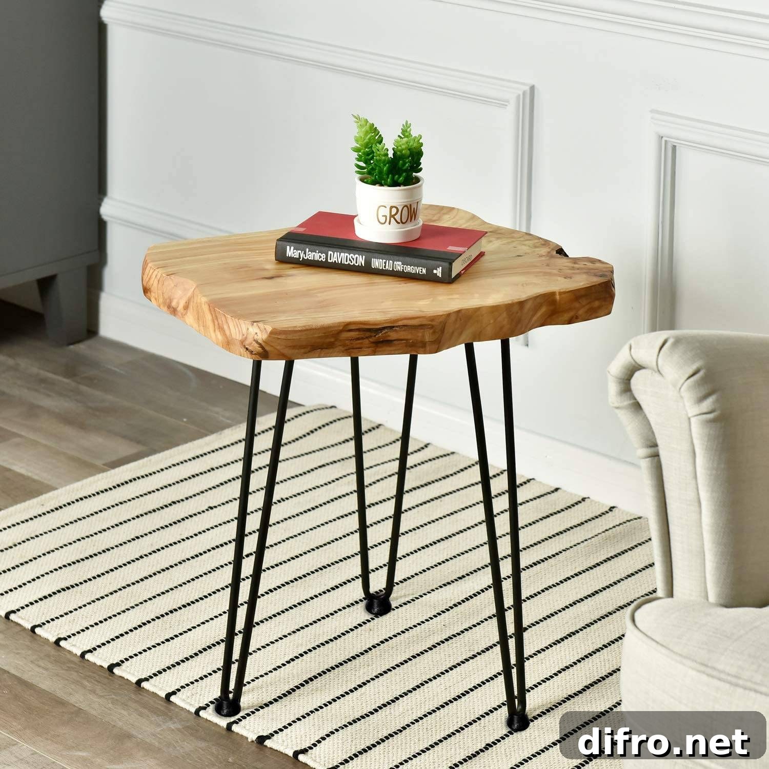 Small plant and book on wood side table