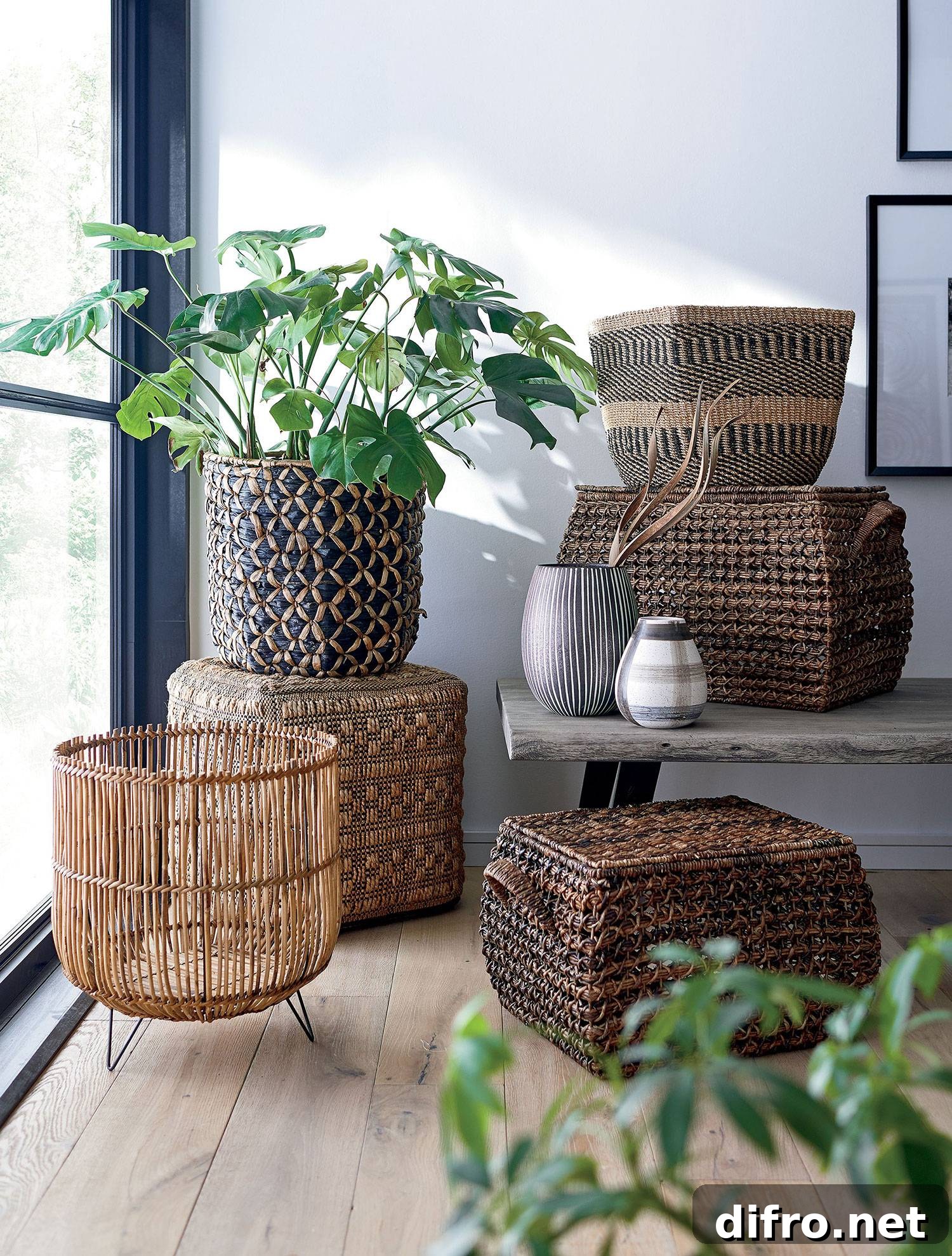 Stack of woven baskets with green plant