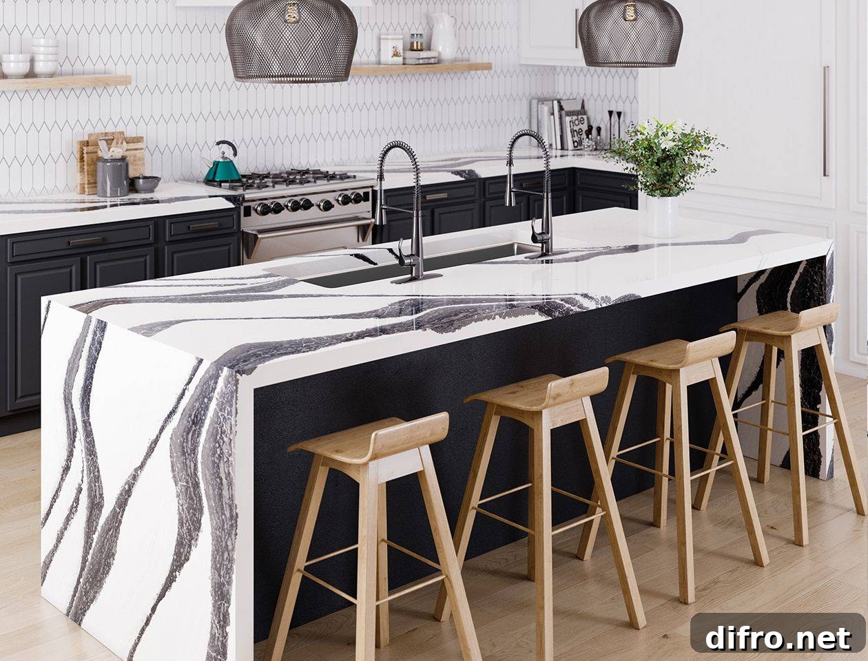 Black and white kitchen counter with sink and wooden chairs